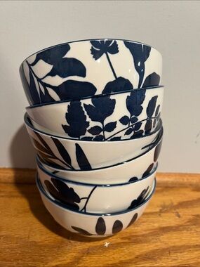 Arbor White Stoneware Bowl Set with Blue Botanical Design - 6 Pieces
